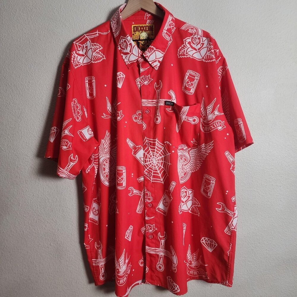 Dixxon Shirt Mens 3XL Red Party Boy D-Tech Button Short Sleeve Allover Print